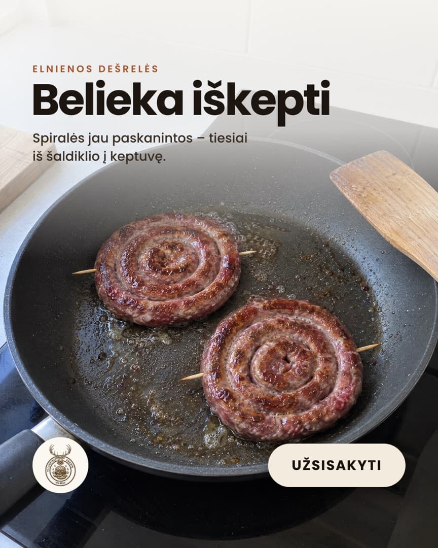 Laukinio skonio namų reklama: elnienos dešrelės keptuvėje