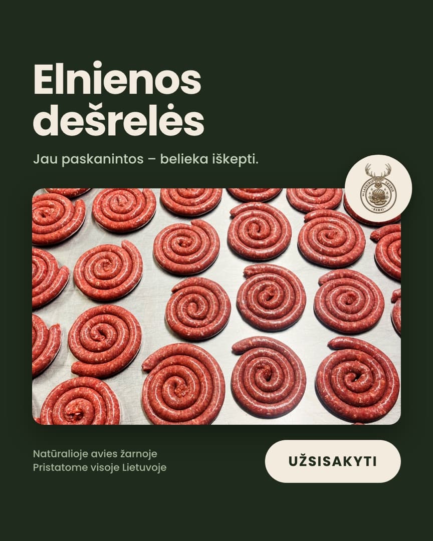Laukinio skonio namų reklama: elnienos dešrelės, belieka iškepti
