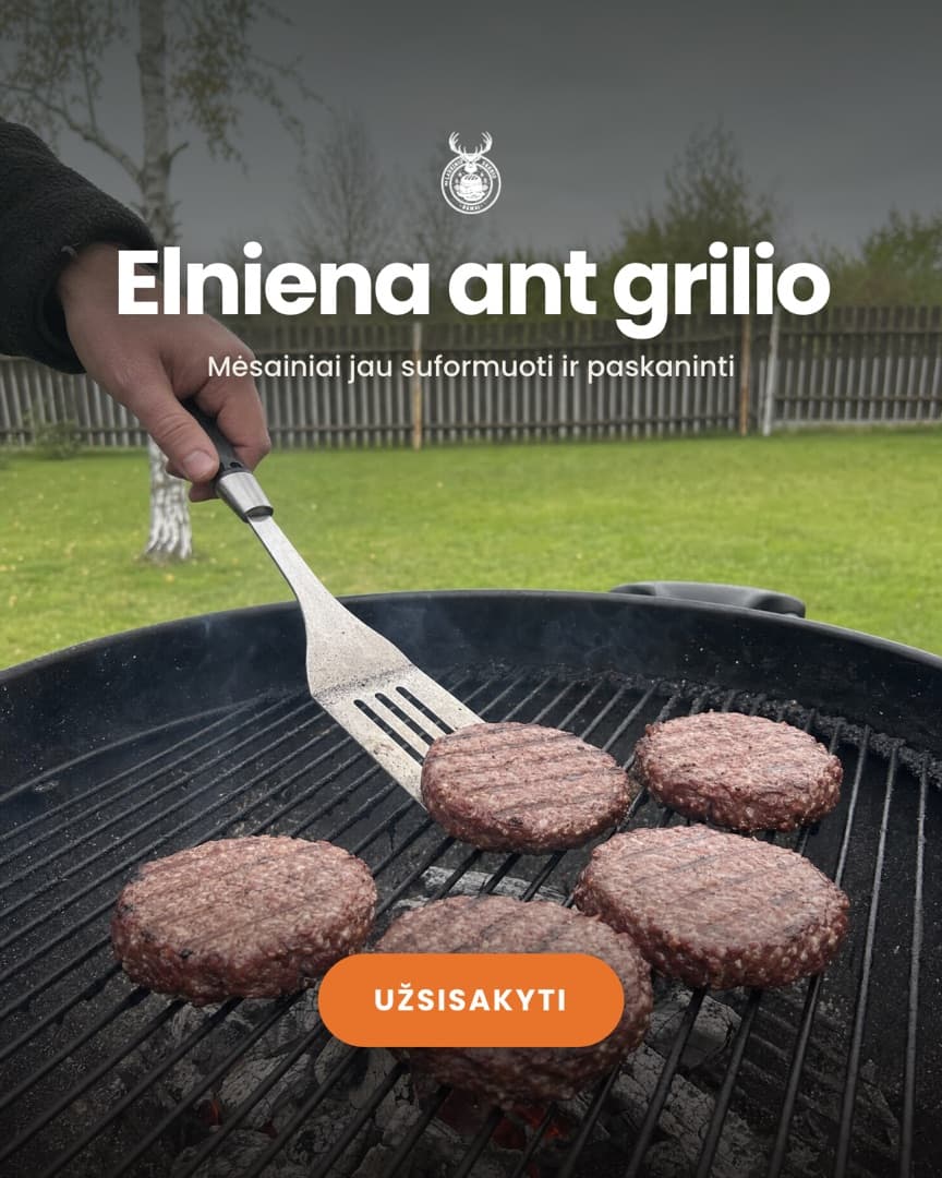 Laukinio skonio namų reklama: elnienos mėsainiai ant grilio