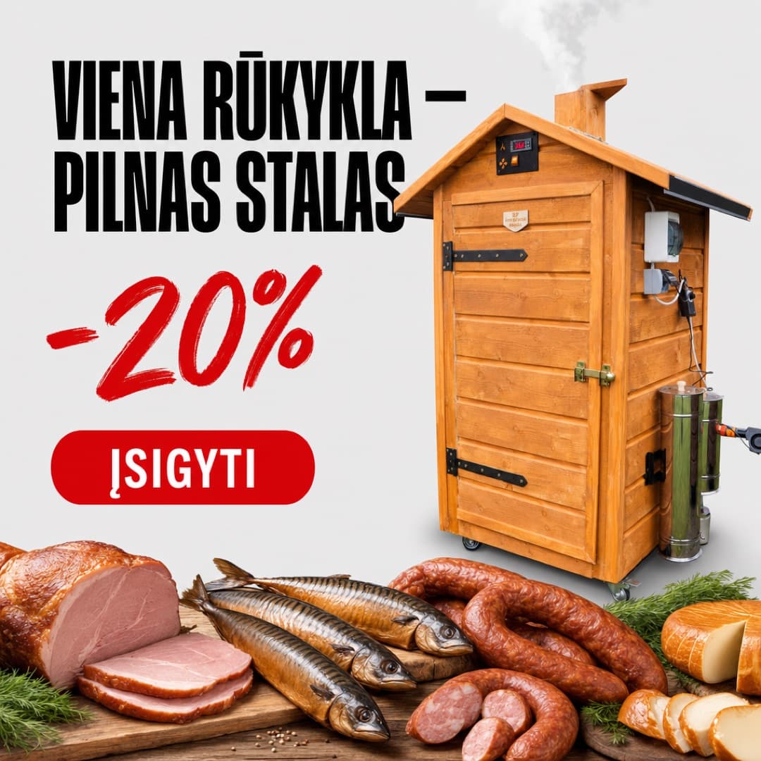 RP rūkyklos reklama: rūkykla ir pilnas stalas rūkytų gaminių